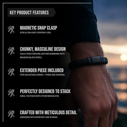Forge & Foundry Men's Adjustable Black Leather Bracelet | Genuine Woven Leather with Snap Clasp | Design-Led, Artisan Jewelry from London [Navarro] - color: Black - Single Strand, size: X-Large