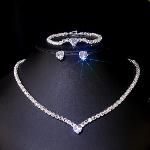 Women's Fashion Jewelry Rhinestone Zircon Necklace and Earring Set Formal Ball Gown Accessories Silver Floral Pendant Bridal Wedding Jewelry Suitable for Weddings, Balls, Banquets, and All Special Occasions - style: GST007