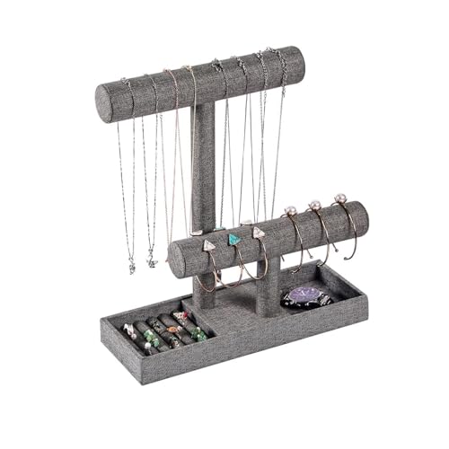 Coward 2 Tier Necklace Bracelet Holder Organizer with Ring Tray, Linen Jewelry Display Stand for Watch Scrunchie Lipstick, Perfumes,Nail polish (Gray Linen) - color: Gray