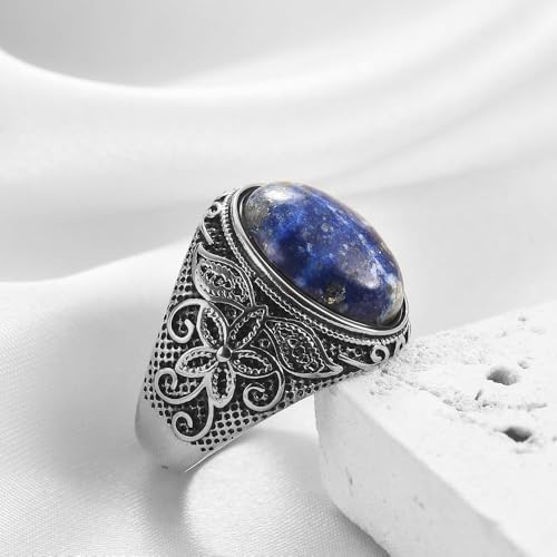 Retro Large Tiger Eye Stone Turquoise Wedding Ring For Men Classical Gothic Stainless Steel Rings - color: Silver-Blue