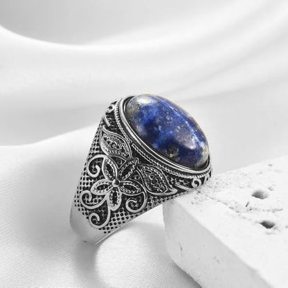Retro Large Tiger Eye Stone Turquoise Wedding Ring For Men Classical Gothic Stainless Steel Rings - color: Silver-Blue