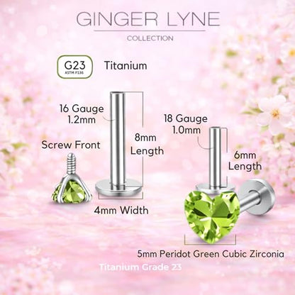Titanium Heart CZ Labret Stud Earrings for Piercings by Ginger Lyne 6Pc Set G23 Screw Front Flat Back Body Jewelry 2 pair post 6mm, 8mm Cartilage, Helix, Tragus, Lip, Conch, Lobe - color: 5mm-PeridotGreen