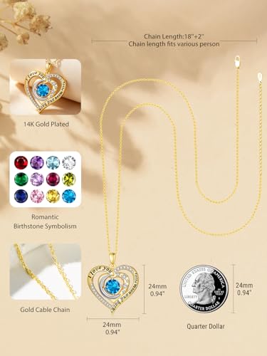 14K Gold I Love You to the Moon and Back Necklace for Women, Double Heart Birthstone Necklace, Moon Star Love Jewelry, Christmas Valentines Mothers Day Birthday Gifts for Wife Mom Girlfriend - color: 12-Dec Birthstone