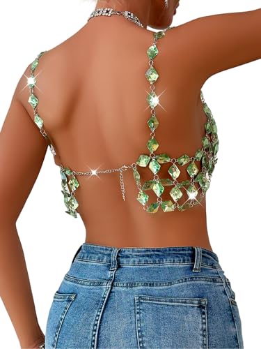 Rhinestones Body Chain Suit Silver Crystal Bikini Bra Underwear Sexy Sparkly Party Body Jewelry Accessories for Women - color: Green