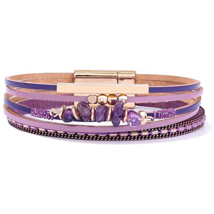 Boho Gemstone Beaded Leather Wrap Bracelets Stackable Chunky Cuff Bracelet Western Jewelry Cowboy Chic Country Concert Outfits for Women - color: Purple