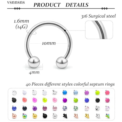 Vsnnsns 14G 16G 18G Septum Rings Piercing Jewelry 316L Stainless Surgical Steel Horseshoe Septum Nose Rings Snake Bite Lip Ring Daith Rook Earrings Smiley Piercing Jewelry for Women Men 8MM 10MM 12MM - color: 14G-10MM Mix Color