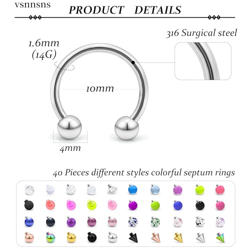 14G 16G 18G Septum Rings Piercing Jewelry 316L Stainless Surgical Steel Horseshoe Septum Nose Rings Snake Bite Lip Ring Daith Rook Earrings Smiley Piercing Jewelry for Women Men 8MM 10MM 12MM - color: 14G-10MM Mix Color