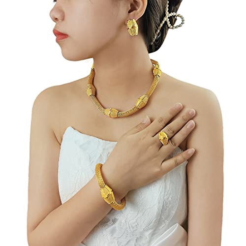 indian Women Jewelry Necklace Set african Dubai Bride Wedding Prom Fashion Jewelry 24K Gold Plated Necklace Bangles Rings Earrings - color: S-202