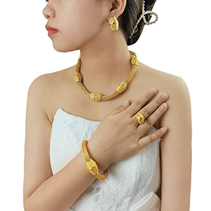 indian Women Jewelry Necklace Set african Dubai Bride Wedding Prom Fashion Jewelry 24K Gold Plated Necklace Bangles Rings Earrings - color: S-202