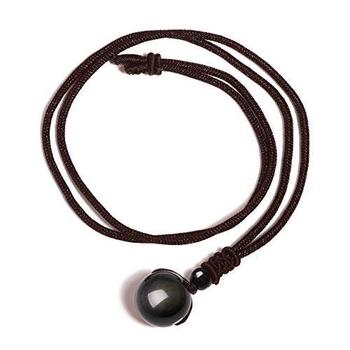 Jovivi Healing Crystals Necklace Natural Tiger Eye Amethyst Lucky Blessing Protection Chakra Beads Stone Pendant for Women Men Adjustable - color: Obsidian Stone + Brown Rope