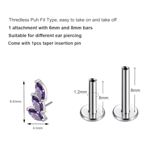 G23 Titanium Flat Back Earrings Studs 16g F136 Implant Grade Titanium Labrets Press Fit Threadless Push In Dainty Cartilage Helix Conch Lobe Lip Tragus Piercing Jewelry - style: 1pcs 3eye Purple