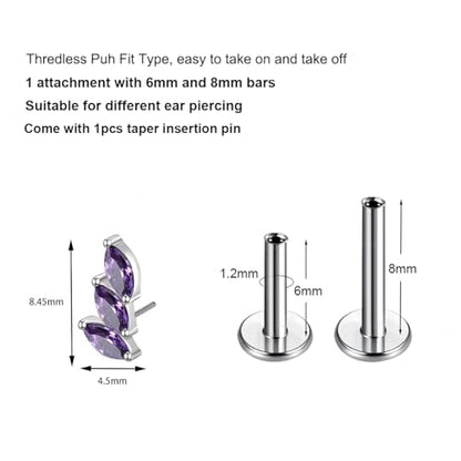G23 Titanium Flat Back Earrings Studs 16g F136 Implant Grade Titanium Labrets Press Fit Threadless Push In Dainty Cartilage Helix Conch Lobe Lip Tragus Piercing Jewelry - style: 1pcs 3eye Purple