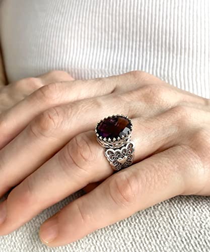 Filigranist 925 Sterling Silver Handcrafted Filigre Art Double Heart Detailed Women Cocktail Ring with Gemstones - color: Amethyst
