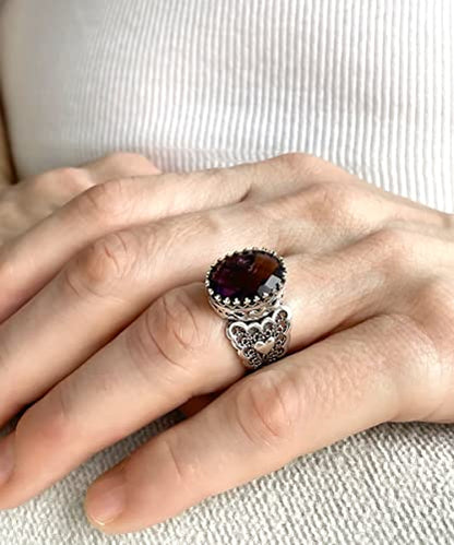 Filigranist 925 Sterling Silver Handcrafted Filigre Art Double Heart Detailed Women Cocktail Ring with Gemstones - color: Amethyst