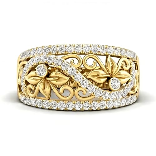 14K Gold Plated 925 Sterling Silver Ring for Women,Vintage Promise Engagement Ring Aesthetic Leaf Cubic Zirconia Rings Bands Stackable Jewelry Gift for Her Women Wedding Anniversary Size:6-10