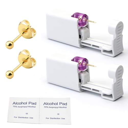 2 psc Ear Piercing Kit, Disposable ear piercing gun tool, pre-installed with gold 3mm pea earrings, at Home Self Piercing Kit (Little golden ball) - color: Little golden ball