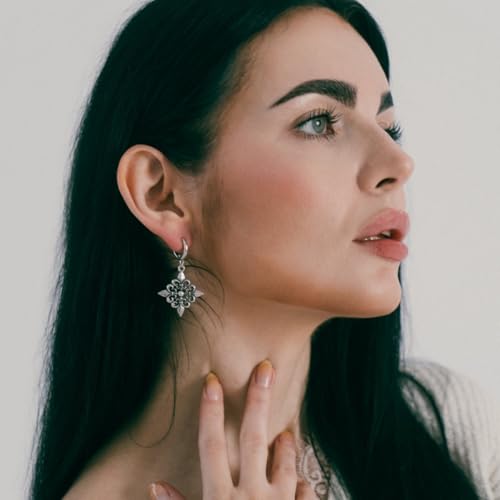 PUNKYOUTH Gothic Crest Dangle Drop Hoop Earrings Dark Alternative Piercing Jewelry 18G 1mm Antique Finish Ornate Scroll Cubic Zirconia Spike Statement Everyday Wear Accessories For Women Men - color: Fleur-de-lis-Silver
