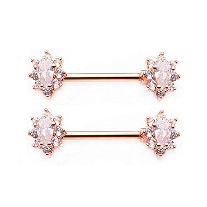 Pierced Owl - 14G Stainless Steel CZ Crystal Oval Flower Cluster Nipple Barbells, Sold as a Pair - color: Rose Gold Tone
