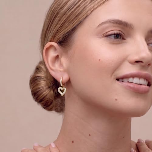 SLUYNZ 925 Sterling Silver CZ Sweet Love Hoop Earrings for Women Teens Hollow Heart Huggie Earrings Drop - color: B-Yellow
