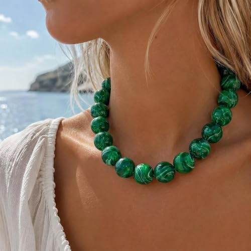 Multicolor Chunky Beaded Necklace, Statement Colorful Round Ball Beads Choker Necklace with Gold-Tone Adjustable Chain, Fashion Bold Neck Jewelry for Women - color: 20MM-Green
