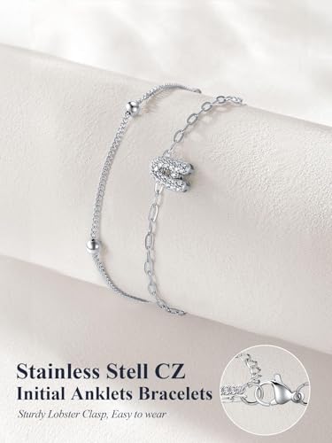 U7 Initial Ankle Bracelets for Women Silver/Gold Anklets Waterproof, 14K Gold Plated Layered Anklets Bracelet Stainless Steel Hypoallergenic 8.5"-10.5" - color: Silver-CZ, size: I