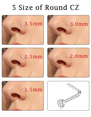 Akeoqi 15PCS G23 Titanium Nose Studs Ring L-Shaped Round CZ Ball Opal Star Heart Nose Studs Nostril Body Piercings Jewelry Set for Women Men Silver Gold Tone 20G 1.5mm 2mm 2.5mm 3mm 3.5mm