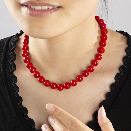 Red Hand Knotted Faux Pearl Jewelry Set for Women, Necklace Earrings | Glass Material, Gift, Party - style: 10MM 14.5inch Red