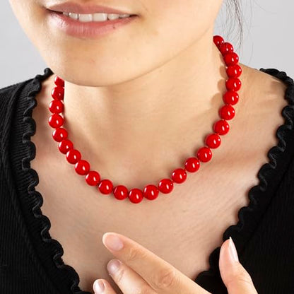 Red Hand Knotted Faux Pearl Jewelry Set for Women, Necklace Earrings | Glass Material, Gift, Party - style: 10MM 14.5inch Red