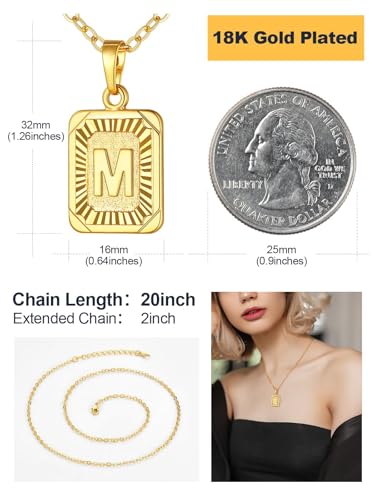 U7 Initial Necklaces for Women, Square Letter Pendant Necklace | Gold & Silver Plated A-Z Pendant | Personalized Large Monogram | 20+2" Adjustable Chain | Gift Packed for Mom Wife Friends - color: a. Gold, style: M