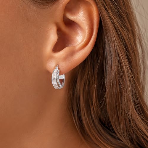 Gold Silver Huggie Hoop Earrings for Women 18K Gold & Sterling Silver Plated Cubic Zirconia Hoop Earrings Double Hoops Earrings Hypoallergenic Non Tarnish Earings Jewelry Gift - color: Silver-A