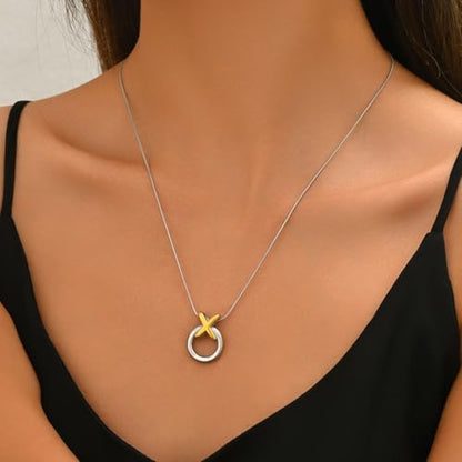 Two-Tone X and O Circle Pendant Necklace, Sterling Silver Chain with Gold Accent