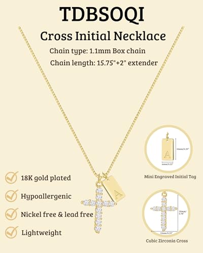 Cross Initial Necklace for Women Non Tarnish 18K Gold Plated Initial Letter A-Z Pendant Necklaces with Cubic Zirconia Cross Christian Faith Necklace Jewelry Gifts for Women - color: A