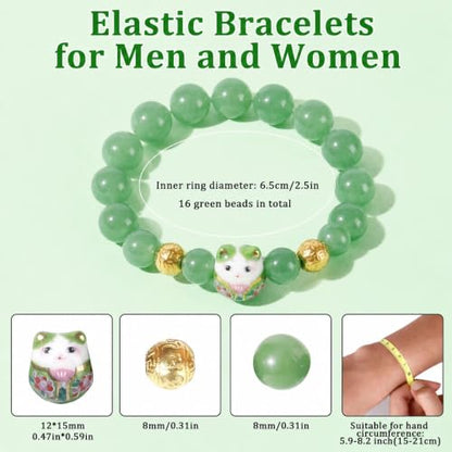 Real Gemstone Lucky Cat Bracelet Feng Shui Good Luck Wealth Charm | Blessed Genuine Gemstone with Brass Cat Pendant, 10mm Prayer Beads, Energy Protection for Wealth & Health, Spiritual Gifting - color: Green
