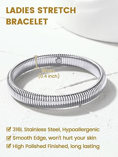 KeyStyle Bangle Bracelets For Women, Stainless Steel Stretch Bracelet Wide | 14K Gold/Rose Gold/Black/Silver Plated Flexible Wide Twisted Link Chain Wristband Jewelry, 10Mm, 16Mm, 20Mm - color: 10mm - Steel