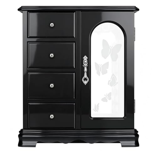 RR ROUND RICH DESIGN Solid Wood Jewelry Box Black | Large Organizer with 4 Drawers, Built-in Necklace Carousel & Large Mirror, - style: Fashion Black