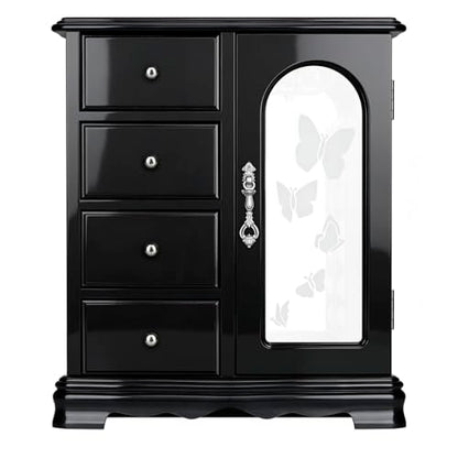 RR ROUND RICH DESIGN Solid Wood Jewelry Box Black | Large Organizer with 4 Drawers, Built-in Necklace Carousel & Large Mirror, - style: Fashion Black