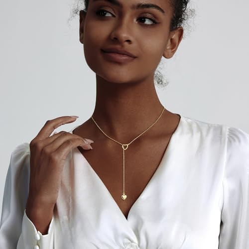 HERIER Lariat Gold Necklace for Women, Dainty Long Necklace 14k Gold Plated/Silver Y-Shaped Layered Beaded Chain Drop Necklaces for Women Trendy Simple Gold Jewelry for Women Gifts - color: Y Heart Necklace-Gold