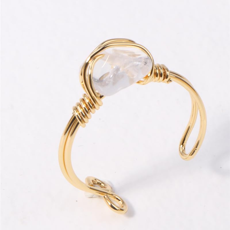 Chakra Crystal Ring Adjustable Gemstone Rings Wire Wrapped Irregular Crystal Ring Gemstone Carnelian Rose Quartz Amethyst Evil Eye Tiger Eyes Crystal Ring for Women - color: White