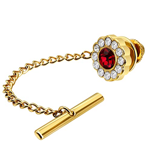 AMITER Crystal/Pearl Tie Tack with Chain, Gold Mens Tie Pin Necktie Pins Lapel Pin for Wedding Birthday Anniversary Party - color: 24k Gold+Red Crystal