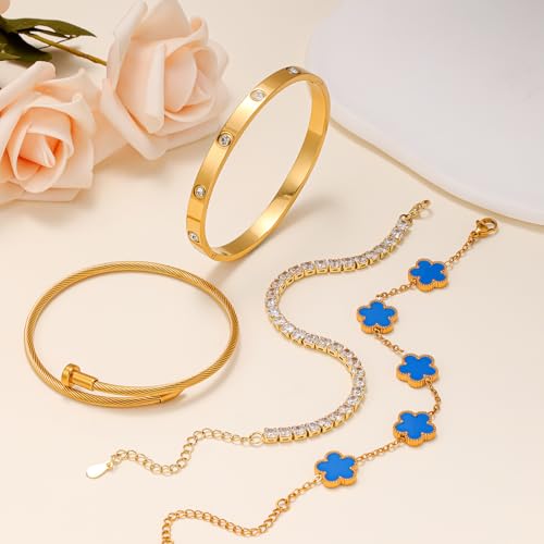 Gold Bracelets for Women, 18K Gold Plated Women Tennis Bracelets Clover Nail Love Bangle Bracelet Set, Gold Bracelet Stackable Set Trendy Jewelry, Gifts for Women's Day and Mother's Day - color: 01-Color-blue