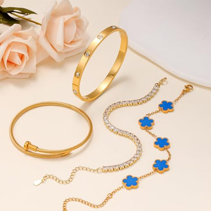Gold Bracelets for Women, 18K Gold Plated Women Tennis Bracelets Clover Nail Love Bangle Bracelet Set, Gold Bracelet Stackable Set Trendy Jewelry, Gifts for Women's Day and Mother's Day - color: 01-Color-blue