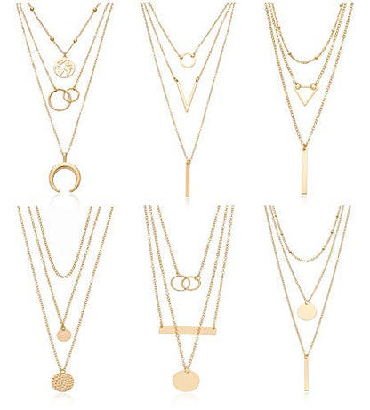 6 Pieces Layered Necklaces For Women Long Necklaces Gold Choker Necklaces Map Coin Bar Crescent Moon Necklace Layered Y Pendant Necklace Multilayer - color: gold