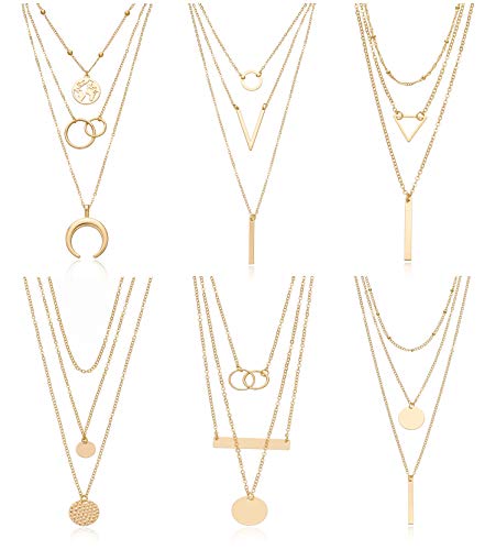 6 Pieces Layered Necklaces For Women Long Necklaces Gold Choker Necklaces Map Coin Bar Crescent Moon Necklace Layered Y Pendant Necklace Multilayer - color: gold