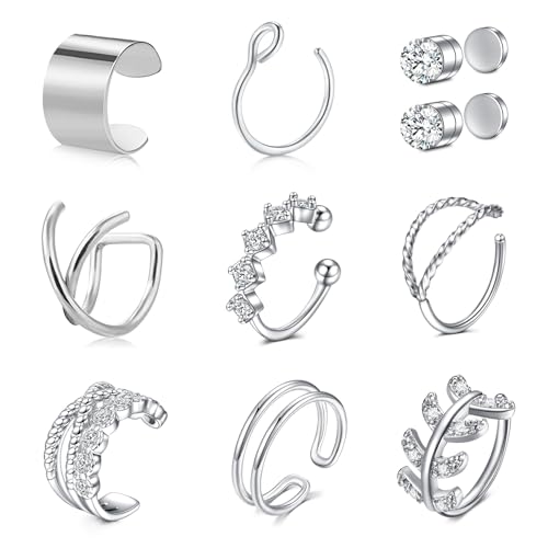 JFORYOU Stainless Steel Ear Cuff Fake Helix Cartilage Clip On Wrap Earrings Fake Lip Ring Non-Piercing Adjustable Men Women - color: Style D