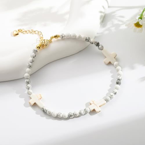Starain Stone Beaded Anklets for Women Handmade Beach Turquoise Beads Ankle Bracelet Trendy Boho Cross Bead Anklet Jewelry 8 inch Adjustable - color: B