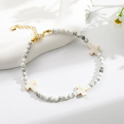 Starain Stone Beaded Anklets for Women Handmade Beach Turquoise Beads Ankle Bracelet Trendy Boho Cross Bead Anklet Jewelry 8 inch Adjustable - color: B