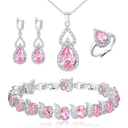 Wedding Jewelry Set for Women Bride Bridesmaid | Gorgeous Cubic Zirconia Teardrop Necklace Earrings Bracelet Adjustable Ring Jewelry Gift for Birthday/Anniversary - color: 14-Pink Silver-Tone