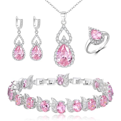 Wedding Jewelry Set for Women Bride Bridesmaid | Gorgeous Cubic Zirconia Teardrop Necklace Earrings Bracelet Adjustable Ring Jewelry Gift for Birthday/Anniversary - color: 14-Pink Silver-Tone