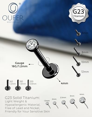 OUFER 2Pcs 20G/18G/16G G23 Titanium Threadless Nose Stud Earrings Flat Back Tiny CZ Small Nose Helix Cartilage Tragus Conch Labret Medusa Monroe Piercing Jewelry for Women Men - color: Black, size: 2pcs, 16g 6mm, 2mm cz