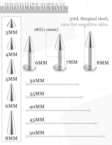 20G 18G 16G Flat Back Earrings Nose Rings Studs Chain Piercing Surgical Steel Spike Lip Nose Rings Stud Snake Bite Tragus Helix Conch Cartilage Earrings Piercing Jewelry For Women Men - color: Silver, size: 18 Gauge